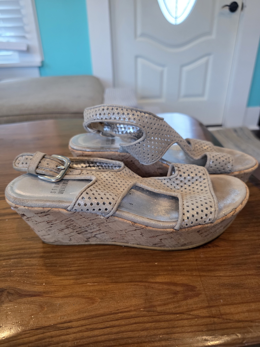 Stuart Weitzman Perforated Cork Wedge Sandals in Taupe